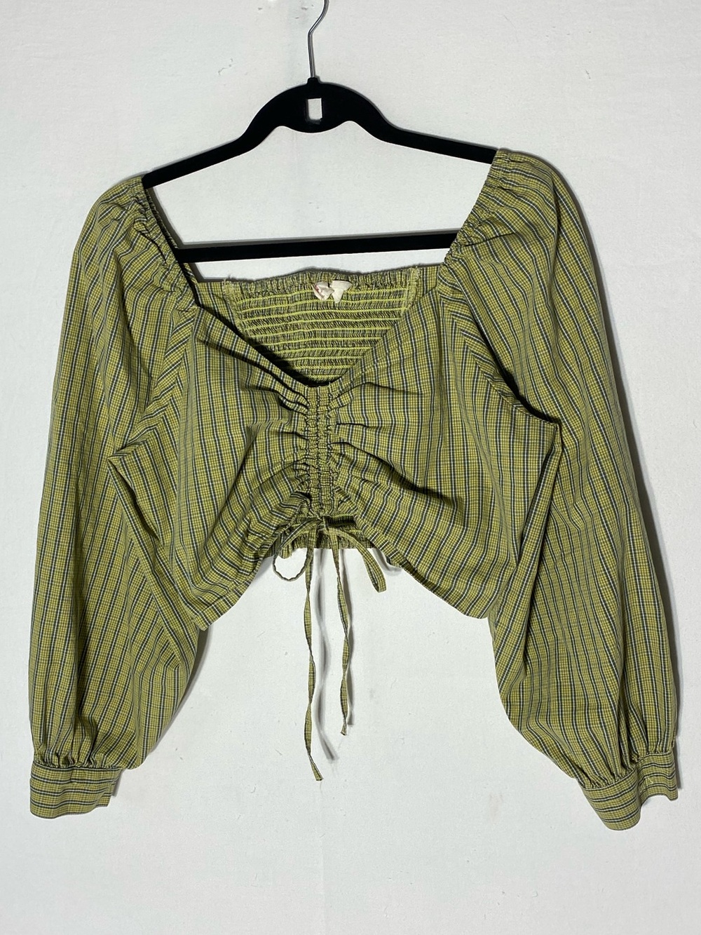 Levi's Devin Blouse Green Plaid Ruched Crop Top L Festival Boho Cottagecore
